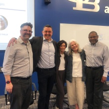 Zoom image: Group photo of UB GSE's Christopher Hoadley with the four event speakers (Bell, Goldman, Smith, Thille).