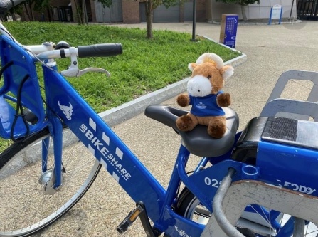 Ed riding a shared bike on UB's North Campus. 