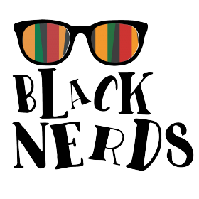 Black Nerds logo, with eyeglasses and multi-colored striped lenses. 
