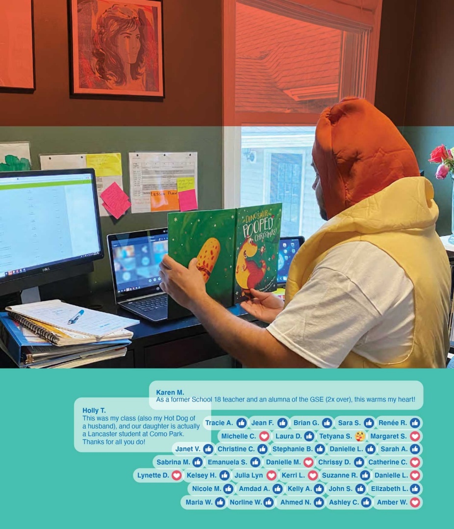 Ryan Taughrin, dressed in a hotdog costume, reading to children virtually.