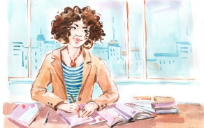 Watercolor painting of a girl student sitting by desk in classroom writing in notebook. 