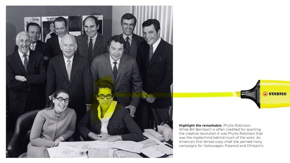 Image of a vintage ad for highlighters. | Highlight the remarkable. Phyllis Robinson. While Bill Bernbach is often credited for sparking the creative revolution, it was Phyllis Robinson that was the mastermind behind much of the work. As Amerca's first female copy chief she penned many campaigns for Volkswagen, Polaroid and Ohrbach's. 
