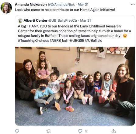 Zoom image: Amanda Nickerson on Twitter: Look who came to help contribute to our Home Again Initiative! | Alberti Center: A big THANK YOU to our friends at the Early Childhood Research Center for their generous donation of items to help furnish a home for a refugee family in Buffalo! These smiling faces brightened our day! #TeachingKindness