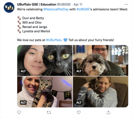 Zoom image: UBGSE on Twitter: We're celebrating #NationalPetDay with #UBGSE's admissions team! Meet: Duvi and Betty; Will and Otto; Renad and Jango; Lynette and Merlot. We love our pets at #UBuffalo. Tell us about your furry friends!