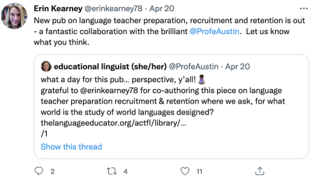 Zoom image: Erin Kearney on Twitter: New pub on language teacher preparation, recruitment and retention is out - a fantastic collaboration with the brilliant #ProfeAustin. Let us know what you think. | @ProfeAustin on Twitter: what a day for this pub... perspective, y'all@ grateful to @erinkearney78 for co-authoring this piece on language teacher preparation recruitment and retention where we ask, for what world is the study of world languages designed?