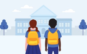 Illustration of children entering a school wearing backpacks. 