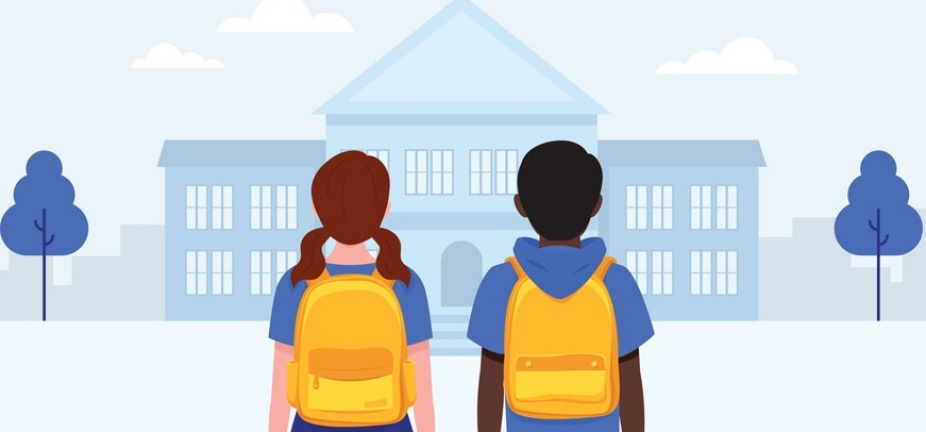 Illustration of two children entering a school wearing backpacks. 