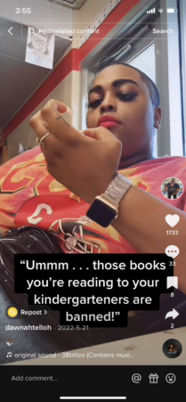 Screenshot of Dawnavyn's TikTok. Danwaving sitting back checking her nails. 'Ummm... those books you're reading to your kindergarteners are banned.'. 