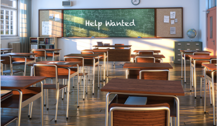 Illustration of an classroom with a help wanted plea written on the front chalk board. 