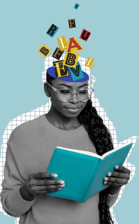 A graphic with letters coming out of a student's head while she is reading. 