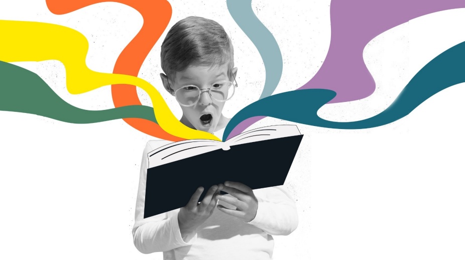 A graphic with a student reading from a book. 