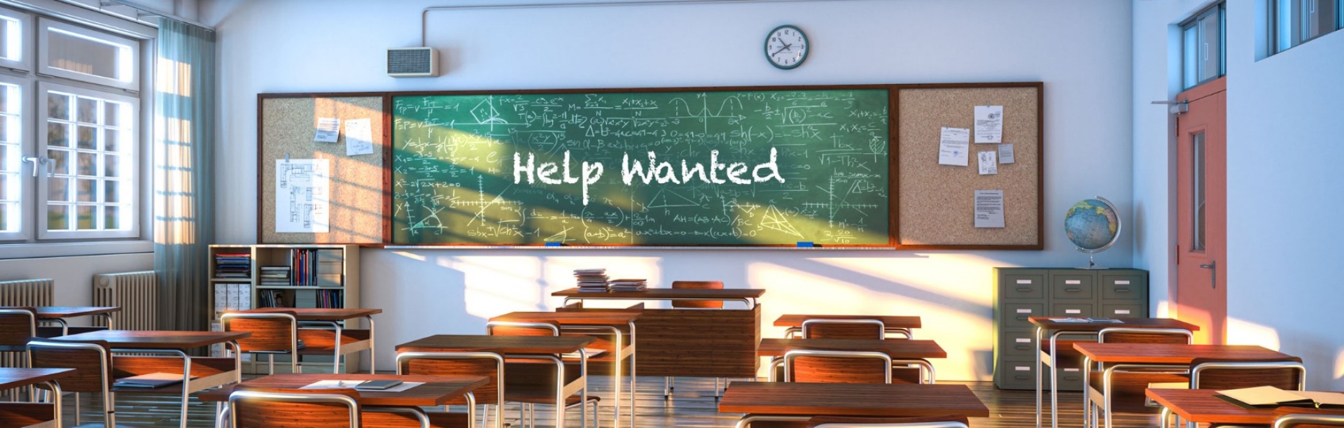 Illustration of a classroom with a chalkboard that has help wanted written on it. 
