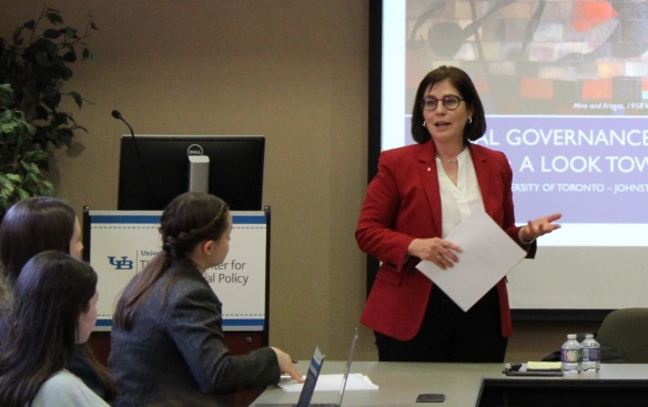 Zoom image: Karen Mundy, PhD, University of Toronto, presenting “Global Governance and Educational Change: A Look Toward the Future” for the Johnstone Lecture Series.