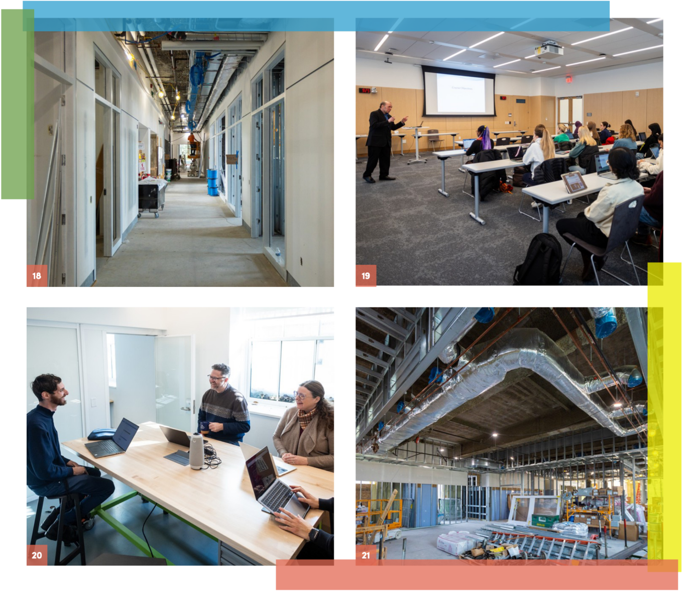 A group of four photos with details in the caption. Two photo show behind-the-scenes during construction, one displays a finished classroom being used, and a large meeting table being used with a small group. 