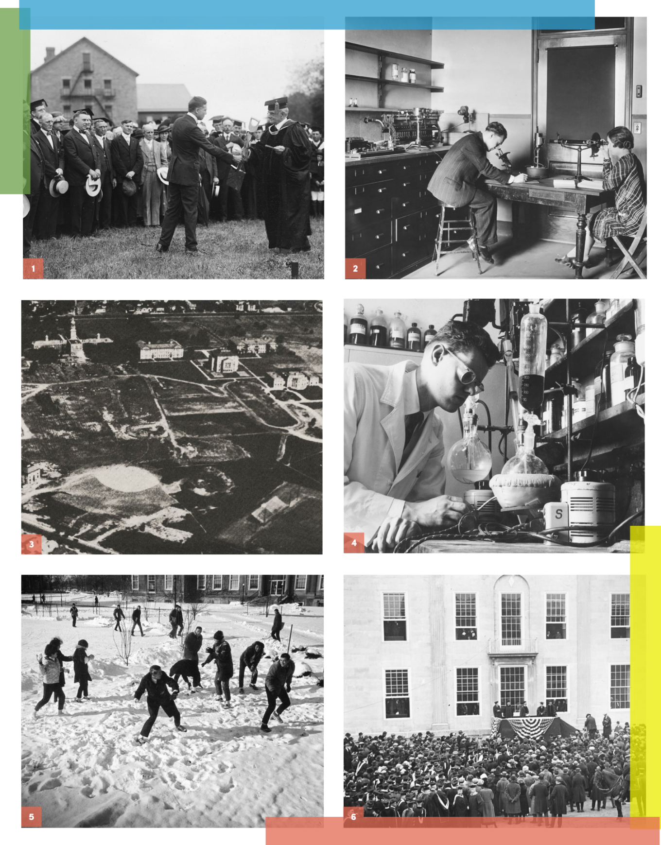 A group of six photos of Foster Hall from UB photo archives. Detailed descriptions in the caption. 