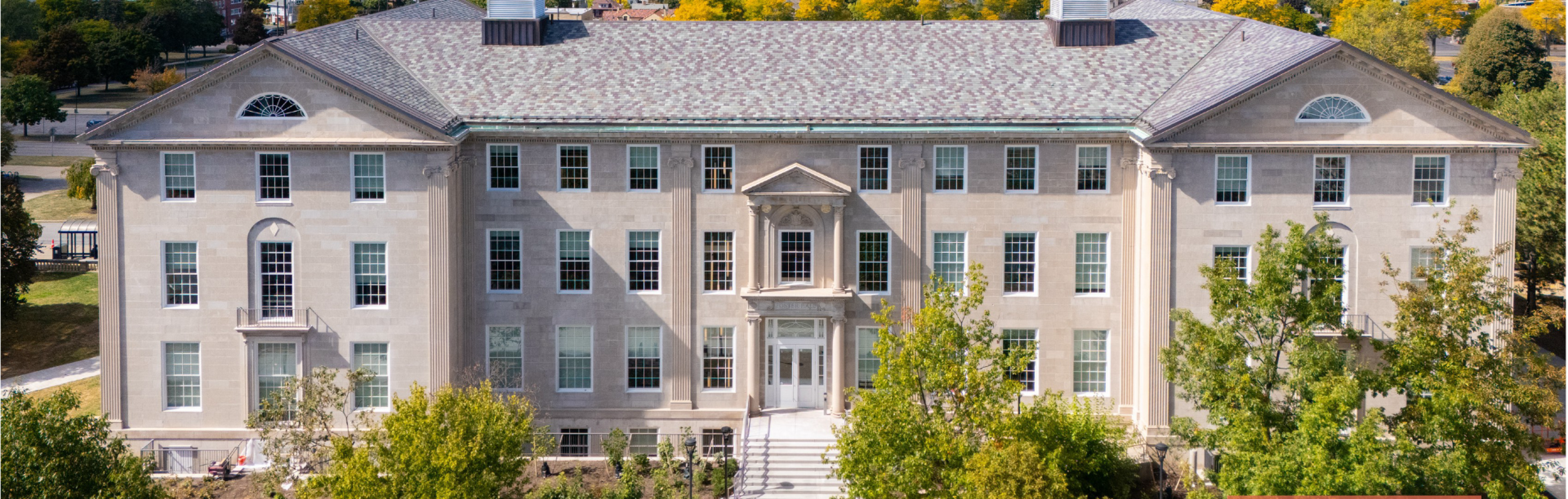 Aerial image of Foster Hall on UB's South Campus. 