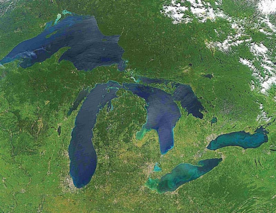 “Great Lakes, No Clouds” Image of North America’s five Great Lakes courtesy of US NASA Earth Observatory.