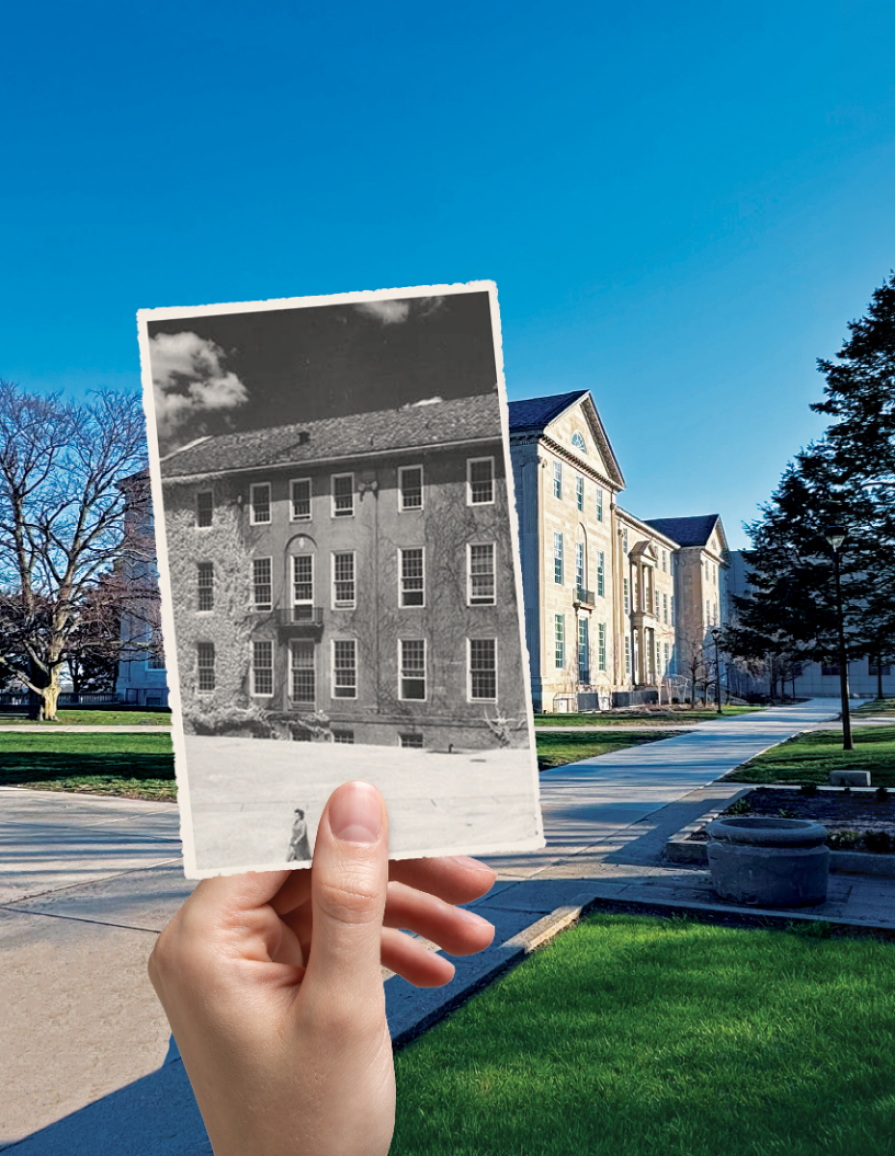 A historical photo superimposed over the current Foster Hall on UB's South Campus. 