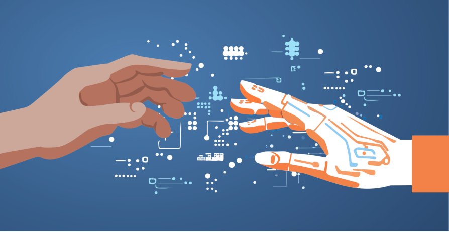 Illustration of a human hand outreached to an AI robot hand. 