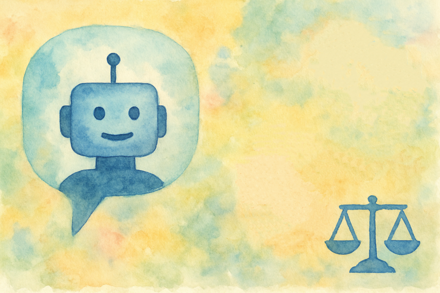 Robot head in a thought bubble with scales. 