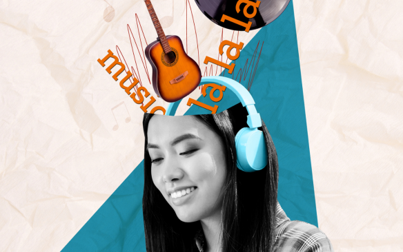 Illustration of music icons above a woman wearing headphones head. 