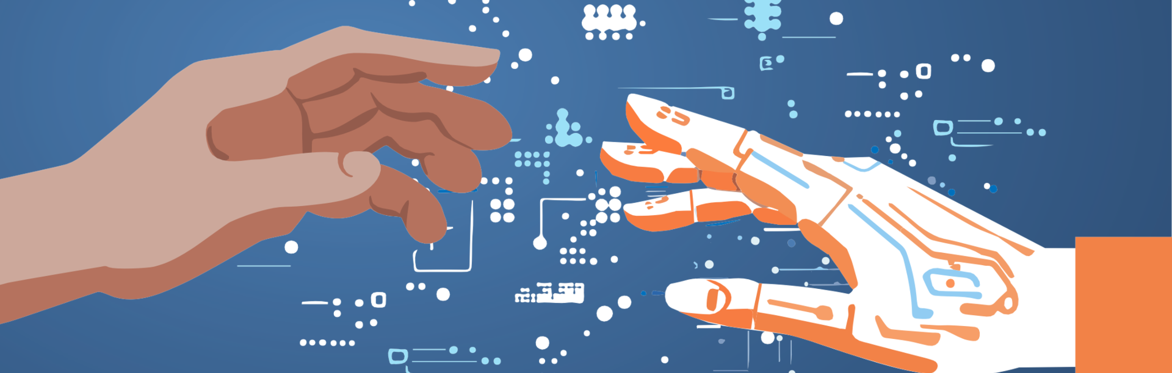 A human hand reaching out to a robot AI hand. 