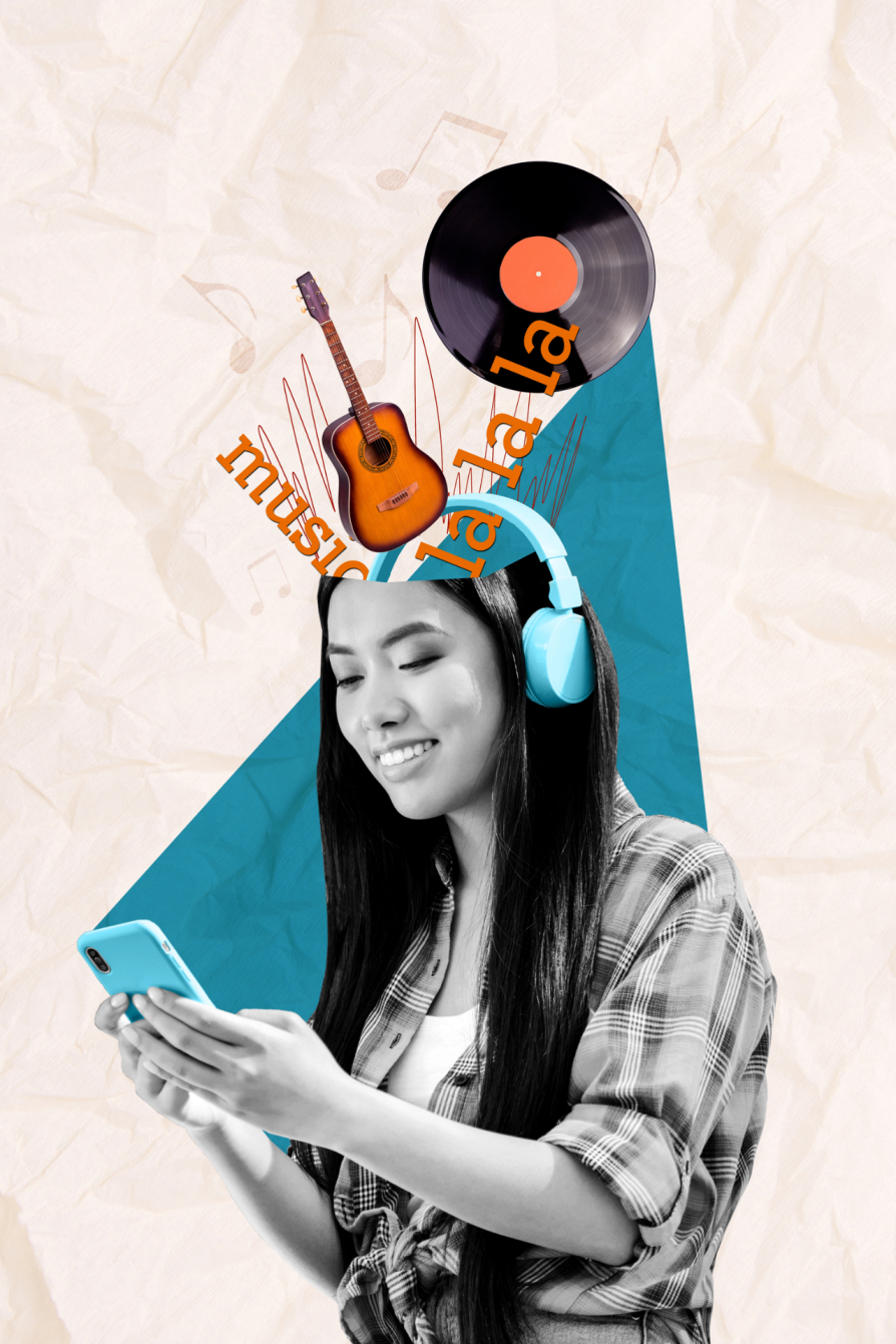 Illustration of female student wearing headphones with music icons above her head. 