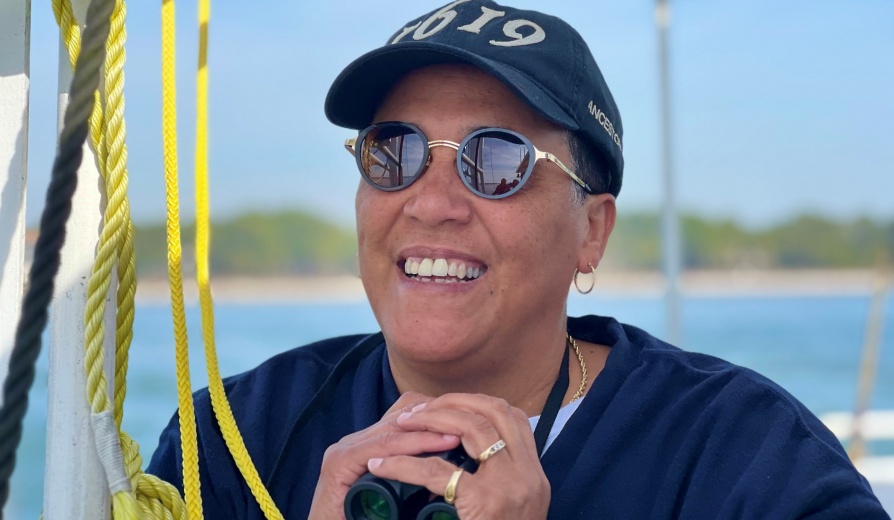 Raechele Pope on a sea vessel watching dolphins in Hilton Head, South Carolina. 