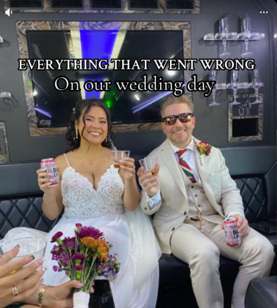 Social graphic that reads "Everything that went wrong on our wedding day.". 