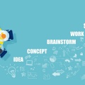 Teal blue background with a graphic portraying a lightbulb as a desk and people sitting around it. The words Idea, Concept, Brainstorm, Work, and Success. 