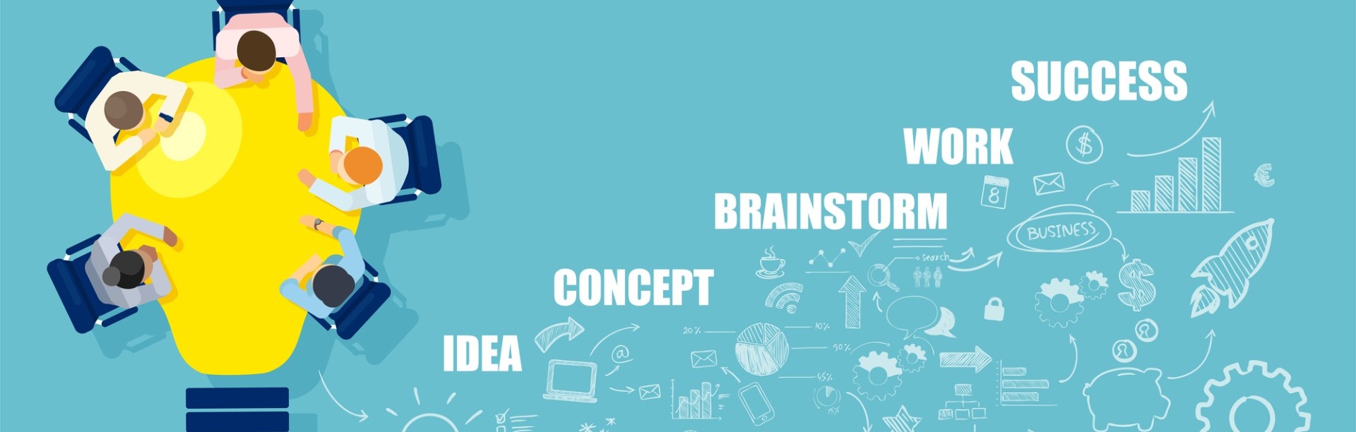 Teal blue background with a graphic portraying a lightbulb as a desk and people sitting around it. The words Idea, Concept, Brainstorm, Work, and Success. 