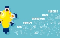 Teal blue background with a graphic portraying a lightbulb as a desk and people sitting around it. The words Idea, Concept, Brainstorm, Work, and Success. 