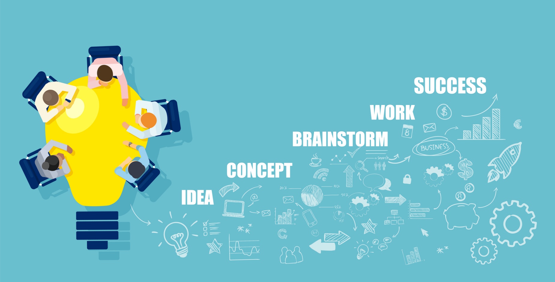 Graphic with teal background and lightbulb as a desk, with the words Idea, Concept, Brainstorm, Work, Success.
