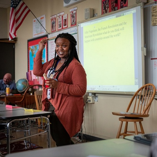 Resident teacher Sydney Favors in class at South Park High School. 