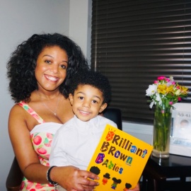 GSE alumna, school psychologist and mother Desiree Williams, MA/AC &rsquo;15, with her son Cortland, 4, and &ldquo;Brilliant Brown Babies,&rdquo; the book she wrote, illustrated and published to inspire children and their parents. (Photo courtesy Desiree Williams). 
