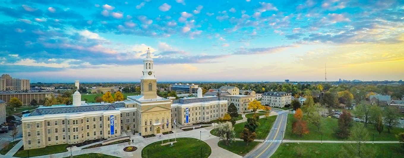 Aerial view of Hayes Hall on the South Campus of the University at Buffalo. 
