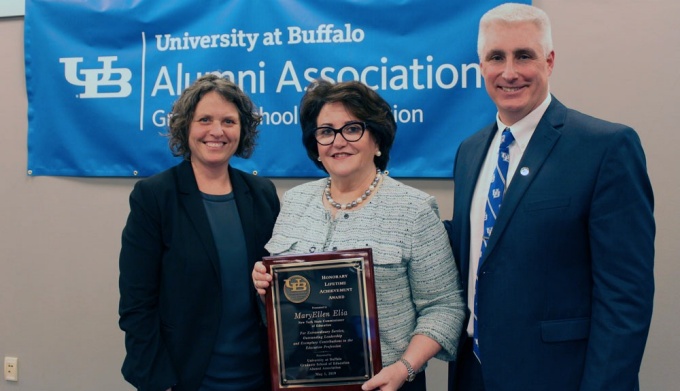 State Education Commissioner MaryEllen Elia speaks to a crowd of over 100 GSE Alumni. 