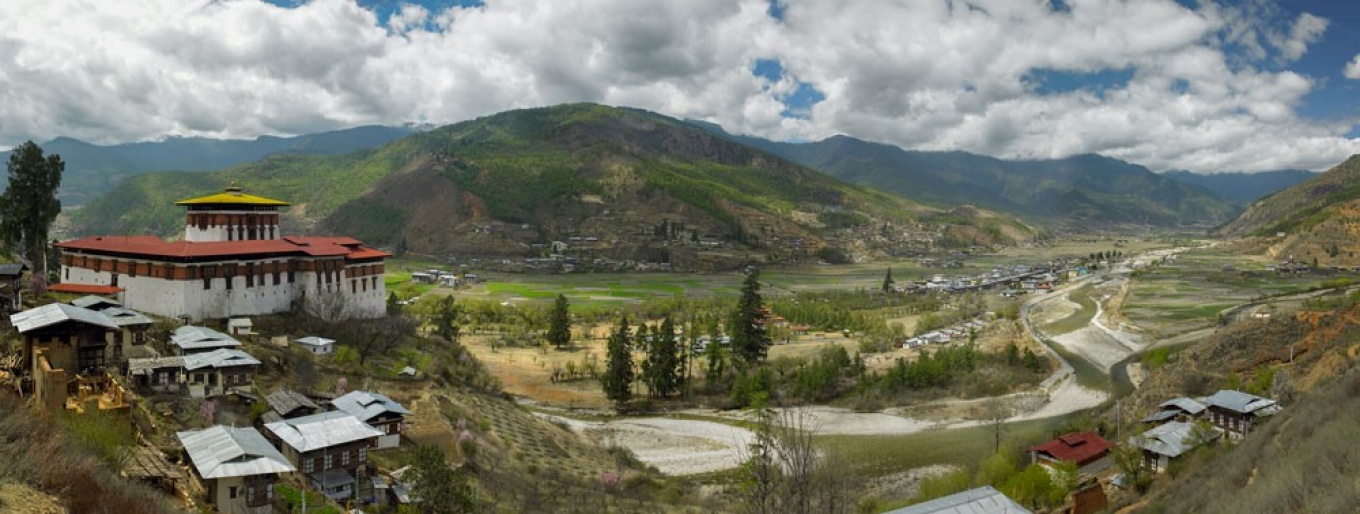 Wide angle view of the Paro Valley and Paro Dzong in the Kingdom of Bhutan. 