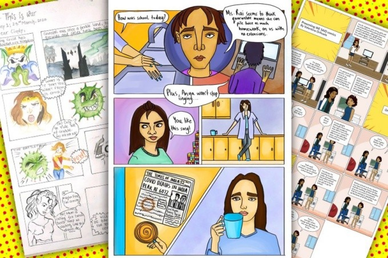 Students in the UB “We Said” program used comic books to express the impact of the COVID-19 pandemic on their lives and communities. From left: “Home Tales” by Saakshi Badoni of India, “Alternative Medicine” by Urmi Shukla of India and “Presenting ‘We Said’ comics,” by Valentina Orihuela of the U.S. and Mexico. (Images courtesy of the artists.). 