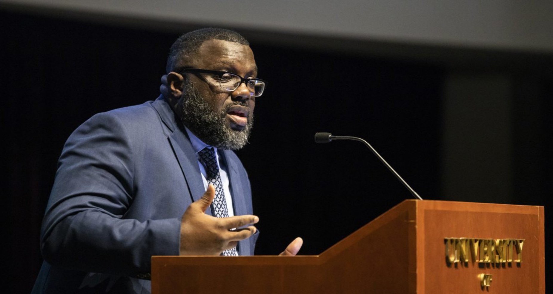 Dr. LaGarrett King delivers a lecture at St. Thomas University.