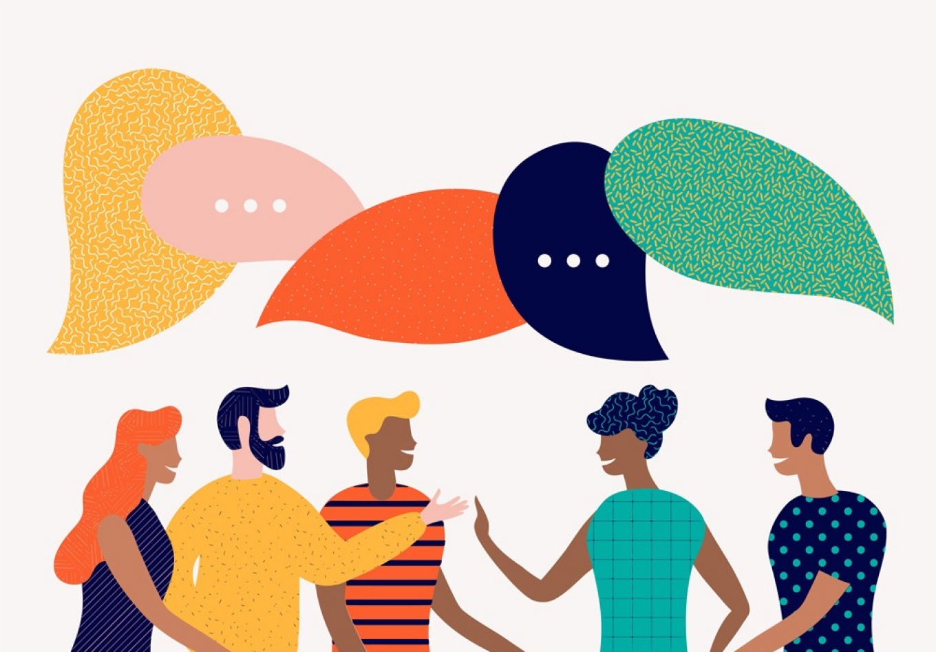 Illustration of an inclusive group in conversation. 
