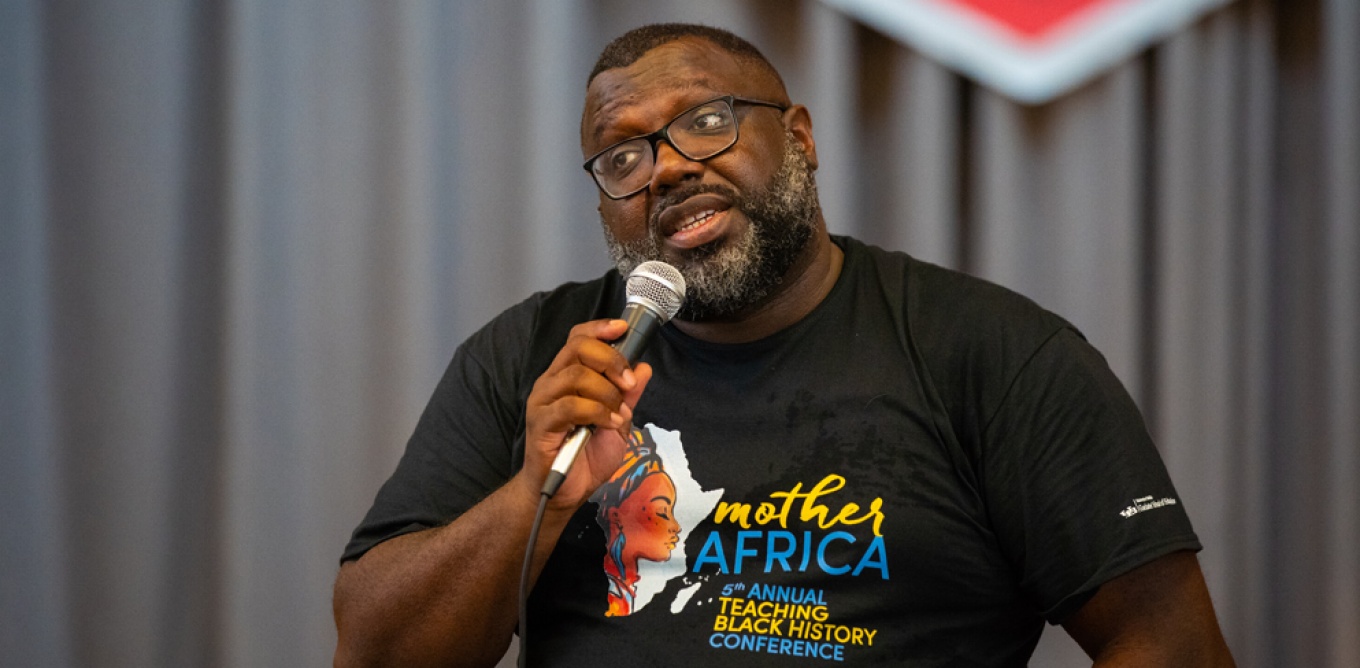 Dr. LaGarrett speaking at the Teaching Black History Conference. 