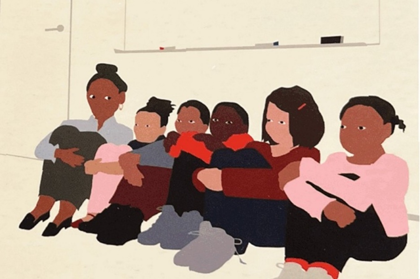 Illustration of students sitting against a wall in a classroom as part of a lockdown drill. 