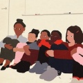 Illustration of students sitting against a wall in a classroom as part of a lockdown drill. 