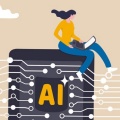 Cartoon of woman typing on laptop, sitting on top of a black box with the letters AI. 