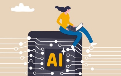 Cartoon of woman typing on laptop, sitting on top of a black box with the letters AI. 