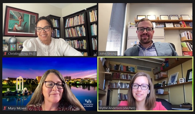 Video capture of Zoom presentation with video feeds of King, McVee, Strong and Anderson. (Video captures: William Belz). 