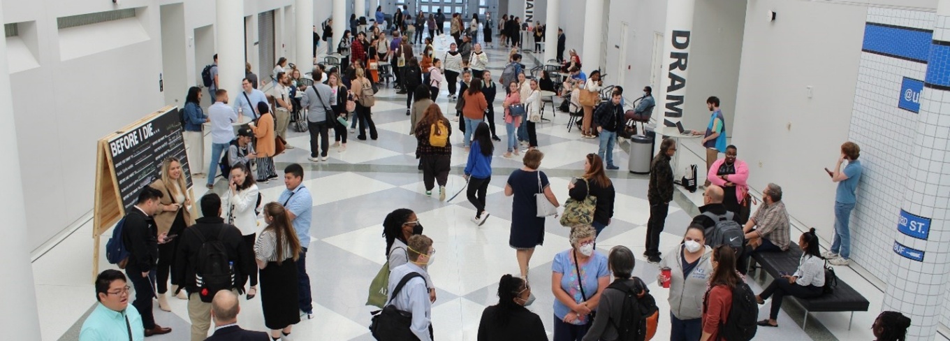 GSE students, faculty and staff gather in the Center for the Arts atrium for the school's Teach-In for Racial Equity.