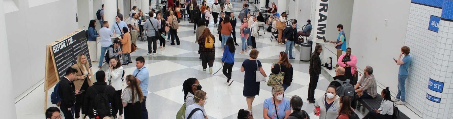 GSE students, faculty and staff gather in the Center for the Arts atrium for the school's Teach-In for Racial Equity.