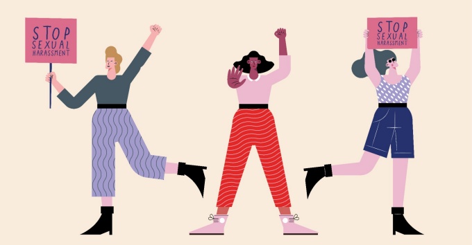 Illustration of three women protesting sexual harassment. 